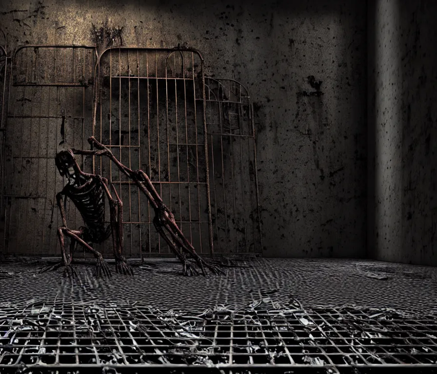 Prompt: creepy humanoid with long limbs sits on the floor. An underground very dark gloomy multi-layered structure of rusty thick iron grates, dense chain-link fencing and peeling walls. Inside view, collapsed floors, bent rusted iron, masterpiece, black background, corners, cinematic, hyperdetailed, photorealistic, hyperrealism, octane render, 8k, depth of field, bokeh, architecture, shadows, art by Zdzisław Beksiński, Arthur Rackham, Dariusz Zawadzki