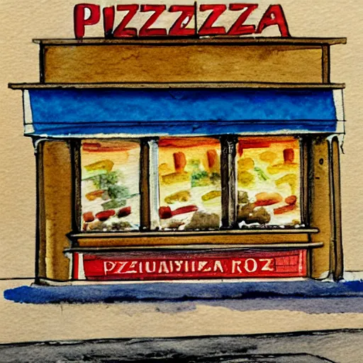 Prompt: watercolour drawing of pizza restaurant crumbling to the ground, beautiful award winning artistic talent, trending on artstation