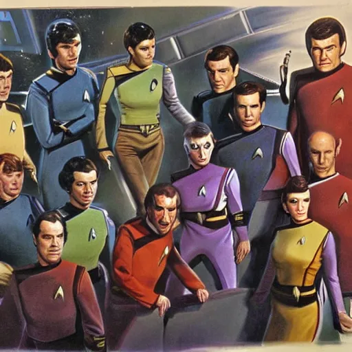 Image similar to the crew from star trek the original series. realistic concept art painting,