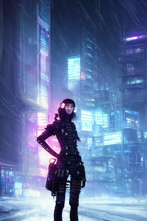 Image similar to portrait futuristic confidence cyberpunk young female Musketeer, in futuristic stormy heavy snowy tokyo rooftop cyberpunk night, ssci-fi, fantasy, intricate, very very beautiful, elegant, neon light, highly detailed, digital painting, concept art, human anatomy, soft light, hdri, smooth, sharp focus, illustration, art by tian zi and craig mullins and WLOP and alphonse mucha