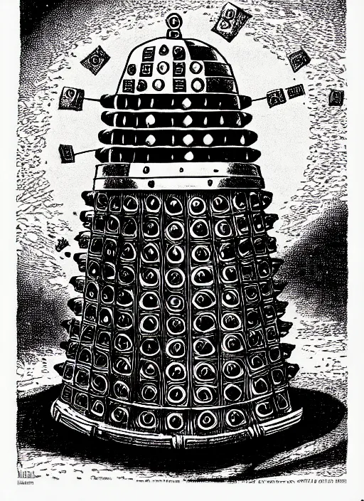 Image similar to a dalek as a d & d monster, pen - and - ink illustration, etching, by russ nicholson, david a trampier, larry elmore, 1 9 8 1, hq scan, intricate details, high contrast, no background