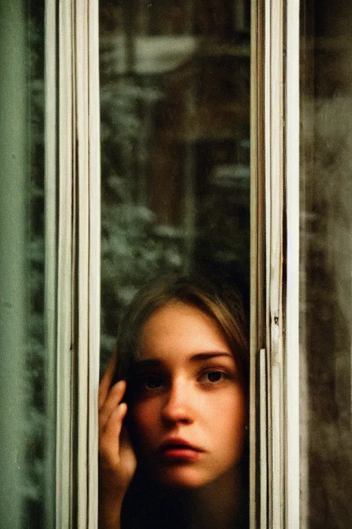 Image similar to kodak portra 4 0 0 photograph of a person looking out through their window, eyes, beautiful eyes, stunning eyes, close up, telephoto, faded effect, grain,