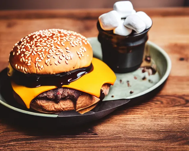 Image similar to dslr food photograph of burger with a few marshmallows in it, some chocolate sauce, 8 5 mm f 1. 4