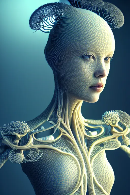 Prompt: intricate hyper detailed ultra sharp 3 d render of a beautiful porcelain biomechanical woman profile portrait, large pore fungi embroidered, cyberpunk art nouveau, haute couture alexander mcqueen leaves stems dahlia transparent fractal dandelion yellow pistil filigree roots, octane render, volumetric cinematic lighting, 8 k post - production