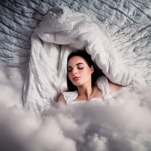 Image similar to highly detailed portrait of beautiful woman covered in white wet blanket sleeping in the clouds during sunset