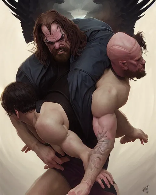 Image similar to symmetry!! wrestling match undertaker wrestling kane, dnd, intricate, elegant, highly detailed, digital painting, artstation, concept art, smooth, sharp focus, illustration, art by artgerm and greg rutkowski and alphonse mucha