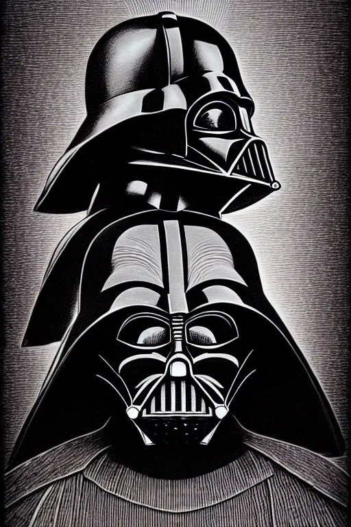 Prompt: sideview waist up portrait of darth vader by laurie greasley and rene magritte, etching by gustave dore, intricate, sharp focus, illustration, highly detailed, digital painting, concept art, masterpiece