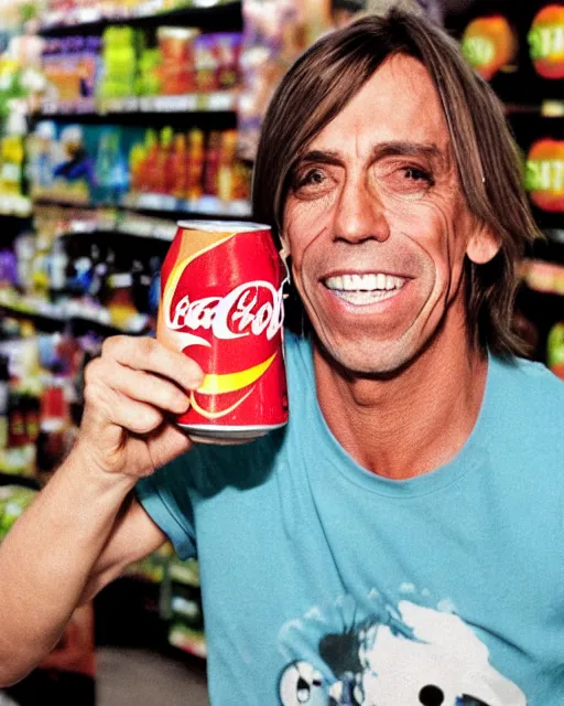 Image similar to a hand holding a soda can with iggy pop's face on the label, inside a supermarket