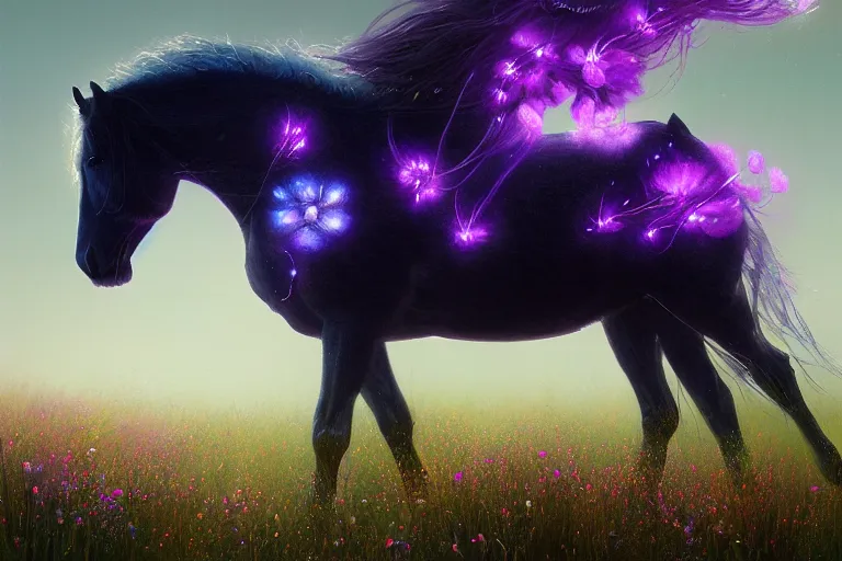 Image similar to a stunning digital painting of a horse with a mane of bioluminescent flowers running through a field of flowers by greg rutkowski, flowerpunk, volumetric light, digital art, fine detail, photorealistic