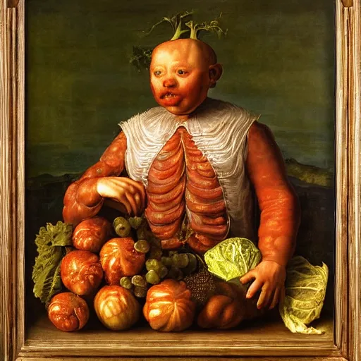 Image similar to a boy sitting in a tub full of tomato sauce, a lot of cabbage, by giuseppe arcimboldo and ambrosius benson, renaissance, portrait, fruit, detailed oil paint, high definition