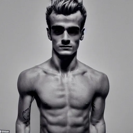 Image similar to a realistic detailed photo of a guy who is an attractive humanoid who is half robot and half humanoid, who is a male android, soccer player antoine griezmann, shiny skin, posing like a statue, blank stare, in a living room, on display, showing off his muscles