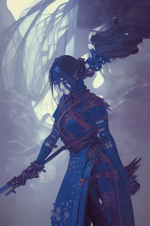 Image similar to portrait Ninja gaiden girl, armored blue and whte ninja wardrobe, in ruin japanese rainny temple moon night, ssci-fi and fantasy, intricate and very very beautiful and elegant, highly detailed, digital painting, artstation, concept art, smooth and sharp focus, illustration, art by tian zi and WLOP and alphonse mucha