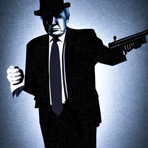 Image similar to mysterious donald trump in black suit and black hat, he has a tommy gun!!, mysterious, 4 k, highly detailed, digital art, strong shadows, high contrast, epic scene, atmospheric, blue colours, award winning photo