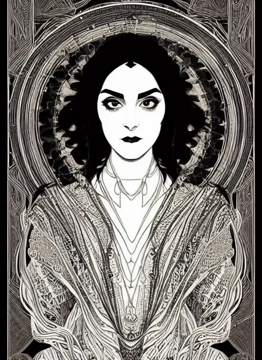 Prompt: centered portrait, Maya Ali as a D&D sorcerer, black hair, intricate robes, Art Nouveau, black and white, inked artwork, beautiful retro Fantasy heroine 1985, intricate, elegant, highly detailed, centered, digital painting, trending on artstation, concept art, smooth, sharp focus, illustration, art by Mucha, Ilya Kuvshinov, WLOP