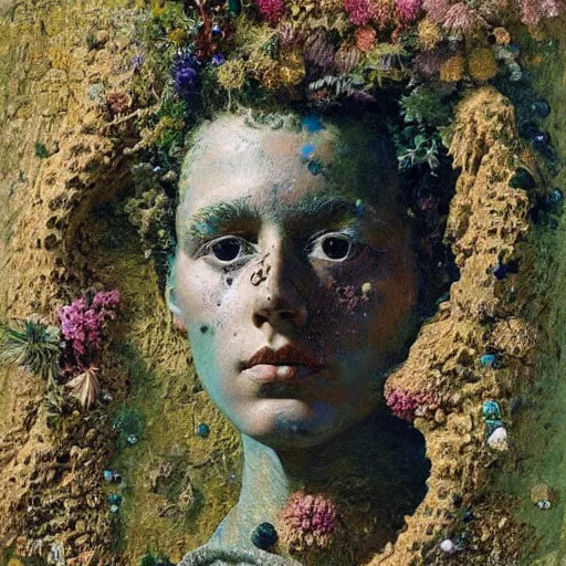 Prompt: a sculpture portrait made of sand and bubbles and plants and flowers, painting part by wojciech siudmak, part by ilya repin, part by max ernst, part by norman rockwell, artstation