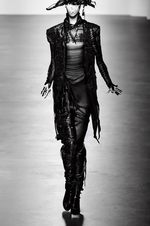 Image similar to beautiful androgynous high fashion avant garde look and clothes, we can see them from feet to head, highly detailed and intricate, hypermaximalist, luxury, elite, cinematic, designer fashion, rick owens, yohji yamamoto, y 3, acrnym, fashion photography