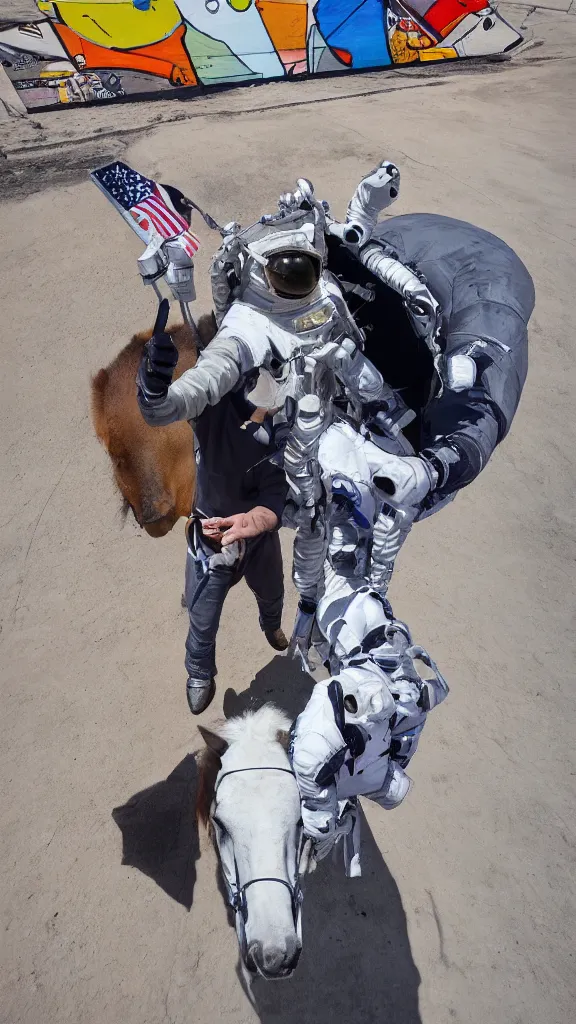 Prompt: astronaut takes a selfie, a horse riding an astronaut, a horse in the background, no gravity, street art, stencill