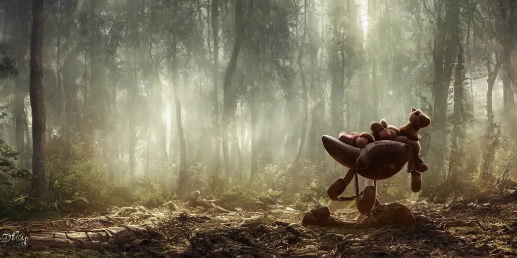 Prompt: a giant ant is riding a giant teddy bear in a forest, moody, cinematic light, matte painting, concept art, highly detailed, 8k