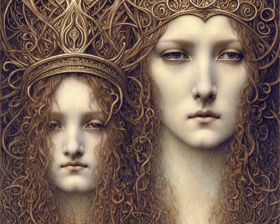 Image similar to detailed realistic beautiful young medieval queen face portrait by jean delville, gustave dore and marco mazzoni, art nouveau, symbolist, visionary, gothic, pre - raphaelite. horizontal symmetry