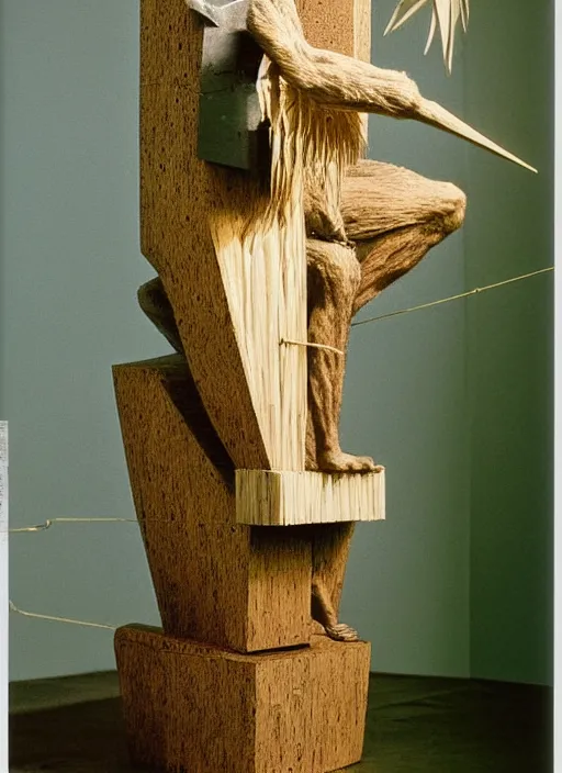 Image similar to realistic photo of a a hairy human birdman sculpture by max ernst made of white clay, in a living room sci - fi laboratory with many wooden gadgets made of wood interior is made of wood 1 9 9 0, life magazine reportage photo, natural colors