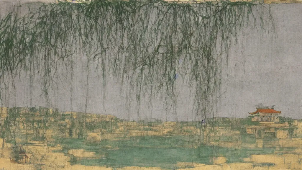 Image similar to a chinese prison near a river by peter doig, muted colors