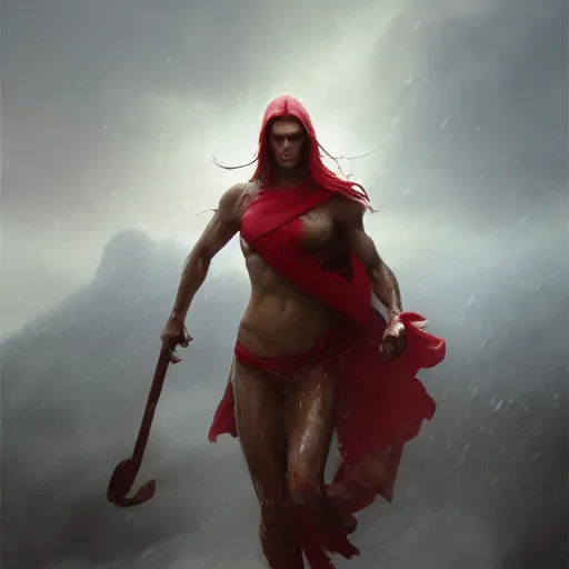 Image similar to cinematic shot epic portrait a spartan woman with a red cape on, muscular, goddess, wet hair flowing, sweaty skin, battlefield backround, broad light, ambient occlusion, volumetric light effect, made by ivan aivazovsky, peter mohrbacher, greg rutkowski, matte painting, trending on artstation, 4 k, perfectly defined features, digital painting,