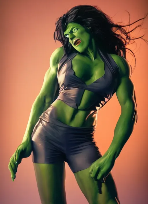 Image similar to a photo of she hulk, dramatic pose, by pamela hanson, dramatic lighting, 7 5 mm lens, sharp focus.