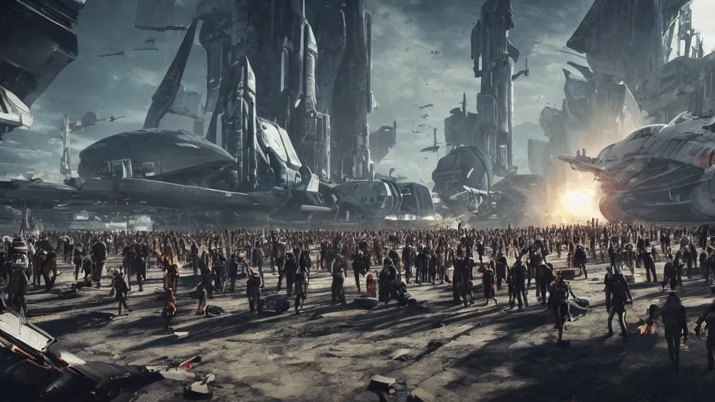Prompt: low angle shot of a horde of people next to a spaceship launch in a massive post-apocalyptic city, rich contrast, spaceships flying in background, hyperrealistic, Cryengine 8k UHD