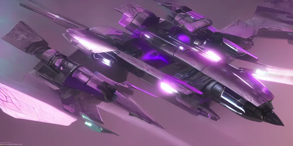 Image similar to cyberpunk concept inspired jet, futuristic look, highly detailed body, aerodynamic body, photorealistic camera shot, bright studio setting, studio lighting, crisp quality and light reflections, unreal engine 5 quality render, purple and dark tones