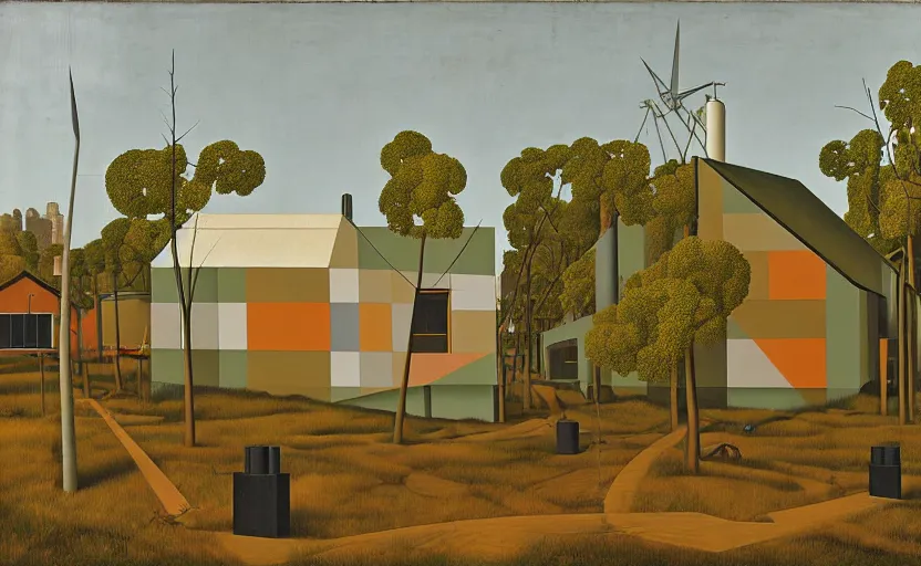 Image similar to geometric painting of industrial buildings surrounded by undergrowth by john currin
