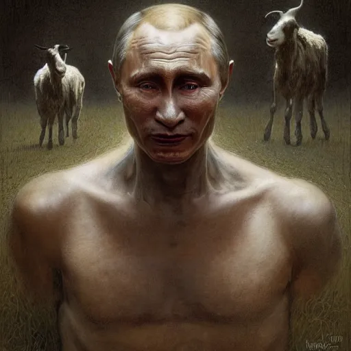 Image similar to vladimir putin, anthropomorphic goat transformation putin, putin hybrid, macabre, horror, by donato giancola and greg rutkowski and wayne barlow and zdzisław beksinski, digital art