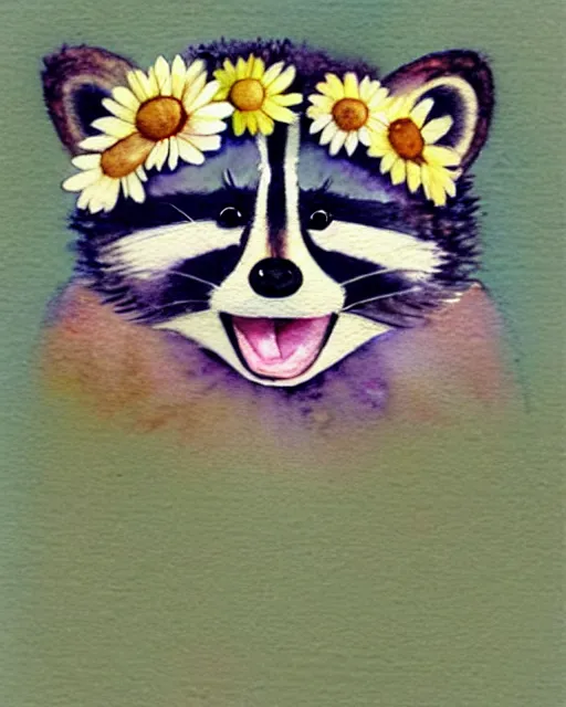 Prompt: a watercolor painting of a smiling happy cute raccoon wearing a daisy flower crown, by antoine de saint - exupery and annabel kidston and naomi okubo and jean - baptiste monge. a child storybook illustration, muted colors, soft colors, low saturation, fine lines, white paper