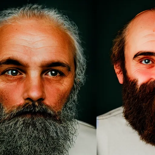 Image similar to portrait, face, symmetrical, left half old bearded man, right half young boy