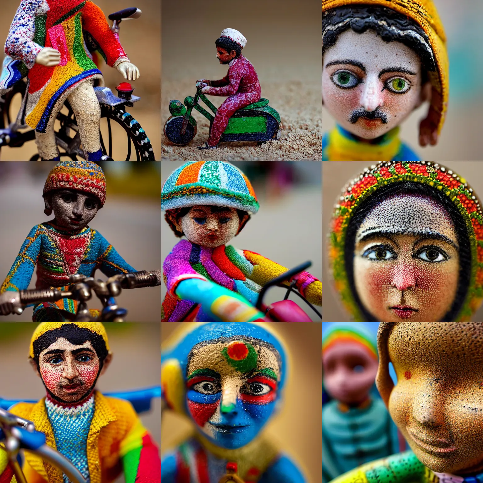 Prompt: close up portrait of a carpeted figurine of Iranian child on a bike, colourful, detailed, depth of field, intricate, delicate, by Jonas Jensen, Magnum photos