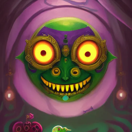 Image similar to a logo of the happy mask salesman majora's mask, art by lois van baarle and loish and ross tran and rossdraws and sam yang and samdoesarts and artgerm and saruei and disney, digital art, highly detailed, intricate, sharp focus, trending on artstation hq, deviantart, unreal engine 5, 4 k uhd image