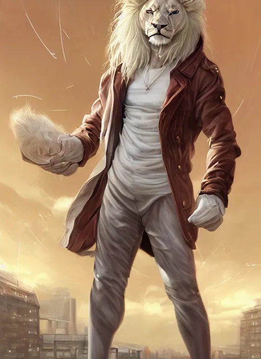 Prompt: aesthetic portrait commission of a of a male fully furry muscular anthro albino lion with a tail and a beautiful attractive hyperdetailed face, wearing stylish and creative wearing school uniform outfit in a sci-fi dystopian city at golden hour while it storms in the background. Character design by charlie bowater, ross tran, artgerm, and makoto shinkai, detailed, inked, western comic book art, 2021 award winning film poster painting