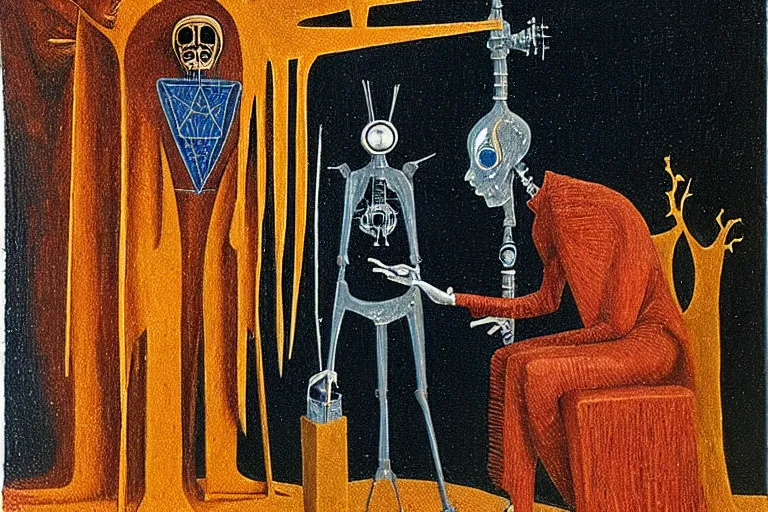 Image similar to a tarot card intricate of a cybernetic technomancer wizard consulting his AI by Remedios Varo
