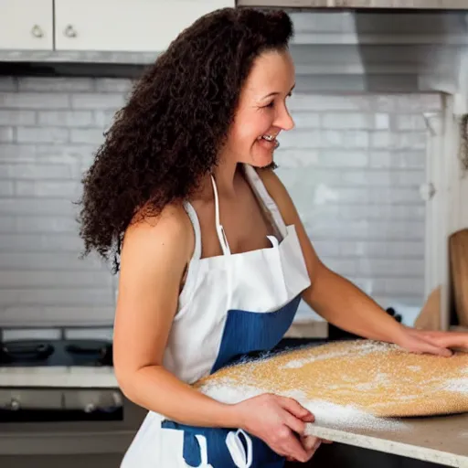 Prompt: modern oil painting of a happy woman with dark curly hair making sourdough in a bright kitchen