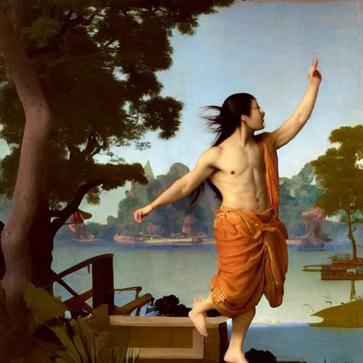 Prompt: A beautiful young Asian man with long shiny hair and big green eyes in a beautiful traditional silk robe standing in a beautiful garden watching a big dolphin that is jumping from the lake, he is a prince and a serious person but is smiling, by Johannes Vermeer, Frank Frazetta and William Adolphe Bouguereau, fantasy, trending on artstation, amazing details, mtg, digital painting, concept art