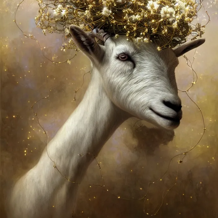 Image similar to hyperrealist portrait of a 2 0 4 4 space sport goat, it is decorated with long gold wires and white flowers that fall like vines and wears a huge computer crown. by jeremy mann and alphonse mucha, fantasy art, photo realistic, dynamic lighting, artstation, poster, volumetric lighting, dramatic light, very detailed faces, 8 k, award winning