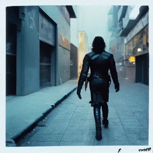 Prompt: jon snow walking on the sidewalk in a cyberpunk city late at night, wide - angle, photographed on colour expired film, detailed photograph