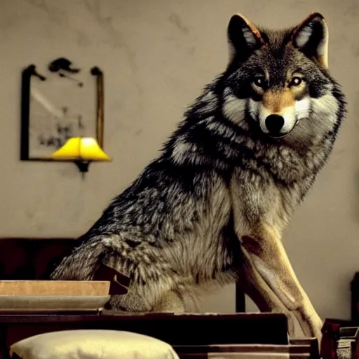 Image similar to a stern anthro wolf in Wes Anderson's movie, movie wallpaper, studio lighting