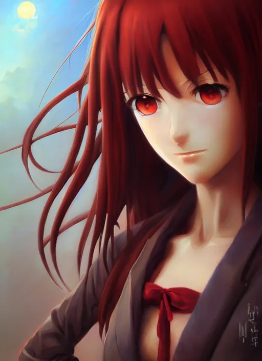 Prompt: Classical oil painting of Makise Kurisu by Marc Simonetti, anime girl eyes, beautiful anime portrait, official artwork, stylistic, Touhou character, brush strokes, oil, canvas