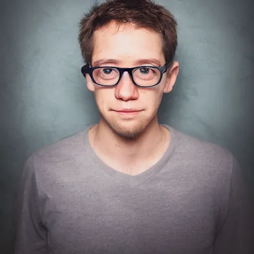 Prompt: portrait of the nerd guy, with cracked nose, pig ears, soyjack, front view, photography