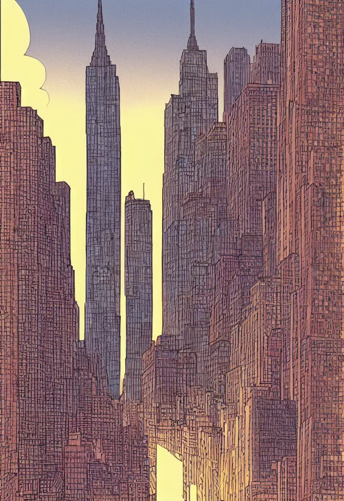 Prompt: a woman looking up at a large towering building in new york, sunset, golden hour, very detailed, illustration, by adrian tomine