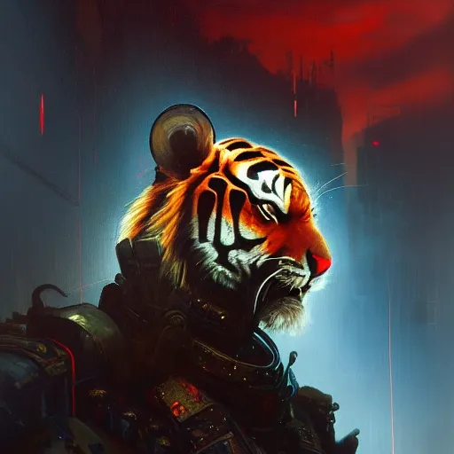 Image similar to hyperrealistic portrait of an athropomorphic tiger wearing heavy combat red - blue armor, bladerunner street, art of elysium by jeremy mann and alphonse mucha, fantasy art, photo realistic, dynamic lighting, artstation, poster, volumetric lighting, very detailed face, 4 k, award winning, cinematic lighting, deviantart, artstation, cg society