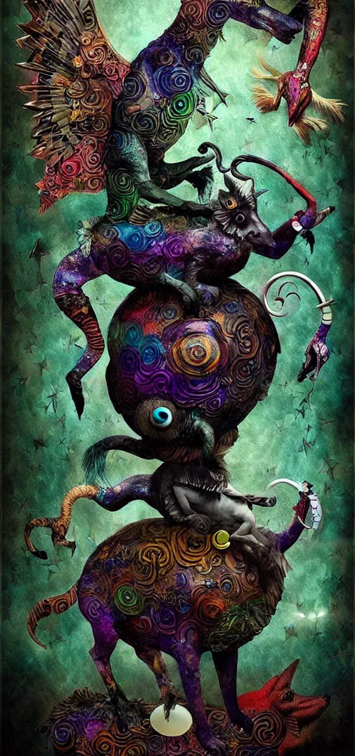 Image similar to strange mythical beasts of whimsy, surreal dark uncanny mixed media colllage by ronny khalil