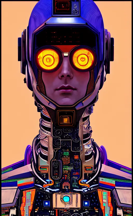 Prompt: portrait painting of a mech android fighter pilot connected to the mother board masterpiece made from circuits. digital art painting. wires and electronic components by alphonse mucha and jean giraud moebius, retrowave noir, symmetry, trending on artstation, photorealistic face