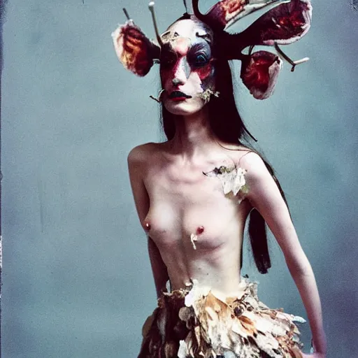 Image similar to damaged kodak portra 4 0 0, wetplate, photo of a surreal artsy dream scene,, very beautiful model, weird fashion, grotesque, extravagant dress, strange pose, carneval, with an animal, wtf, photographed by paolo roversi style