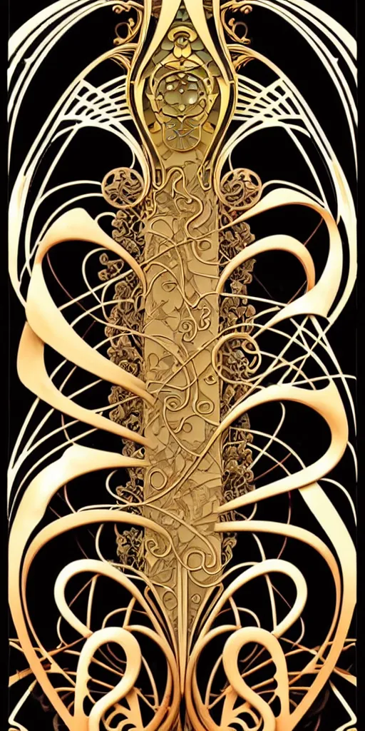 Prompt: the source of future growth dramatic, elaborate emotive Art Nouveau styles to emphasise beauty as a transcendental, seamless pattern, symmetrical, large motifs, hyper realistic, 8k image, 3D, supersharp, Art nouveau 3D curves and swirls, copper and Gold pipes, iridescent and black and shiny gold colors , perfect symmetry, iridescent, High Definition, sci-fi, Octane render in Maya and Houdini, light, shadows, reflections, photorealistic, masterpiece, smooth gradients, no blur, sharp focus, photorealistic, insanely detailed and intricate, cinematic lighting, Octane render, epic scene, 8K